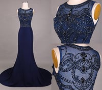 Image 1 of High Quality Handmade Navy Blue Prom Dress with Beadings, Prom Gowns 