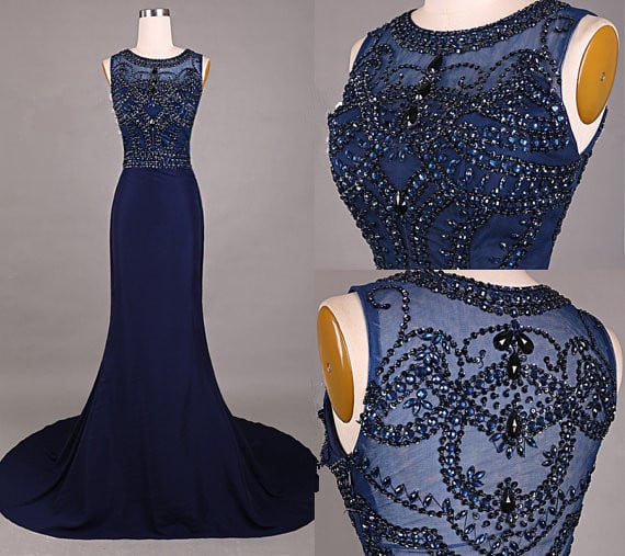 High Quality Handmade Navy Blue Prom Dress with Beadings, Prom Gowns 