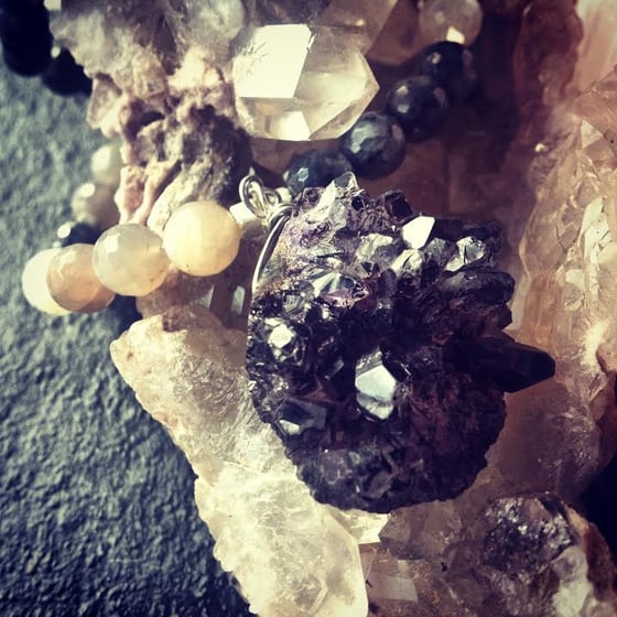 Image of Protection Of The Goddess ~Raw Druzy Black Amethyst and Moonstone and Black Opal