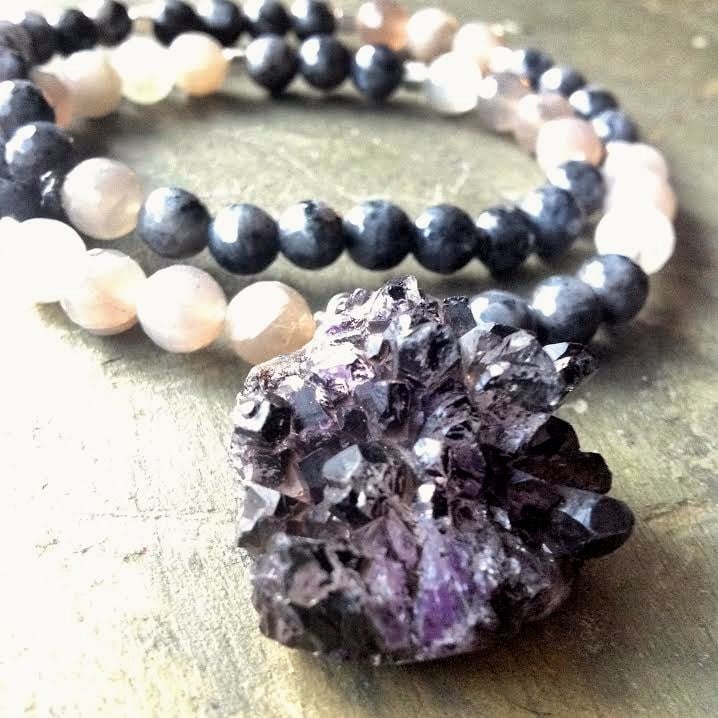 Image of Protection Of The Goddess ~Raw Druzy Black Amethyst and Moonstone and Black Opal