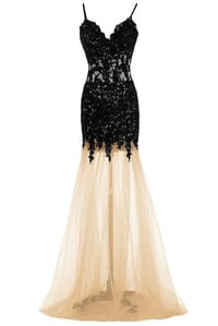 Image 2 of Elegant Champagne Long Prom Gown with Black Lace Appliques 