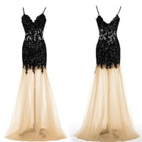 Image 1 of Elegant Champagne Long Prom Gown with Black Lace Appliques 