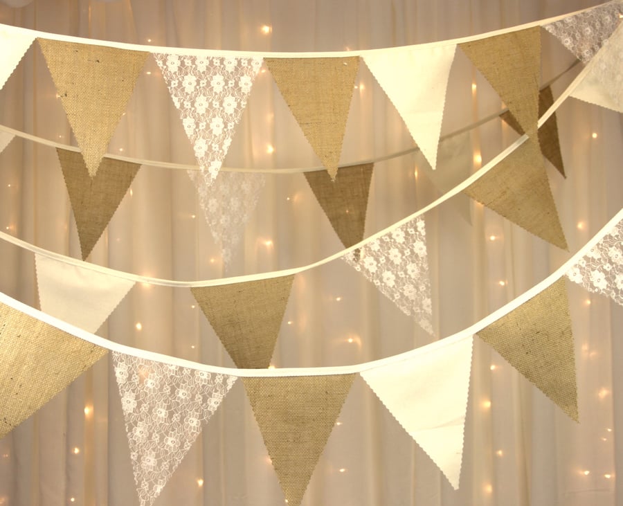 Image of Vintage Style Calico Lace and Hessian Bunting