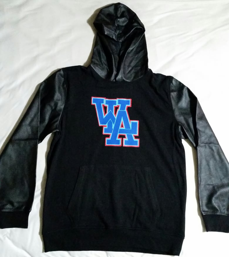 Image of West LA Faux Leather Sleeve Hoodie- Black/Multi Color (Men's)