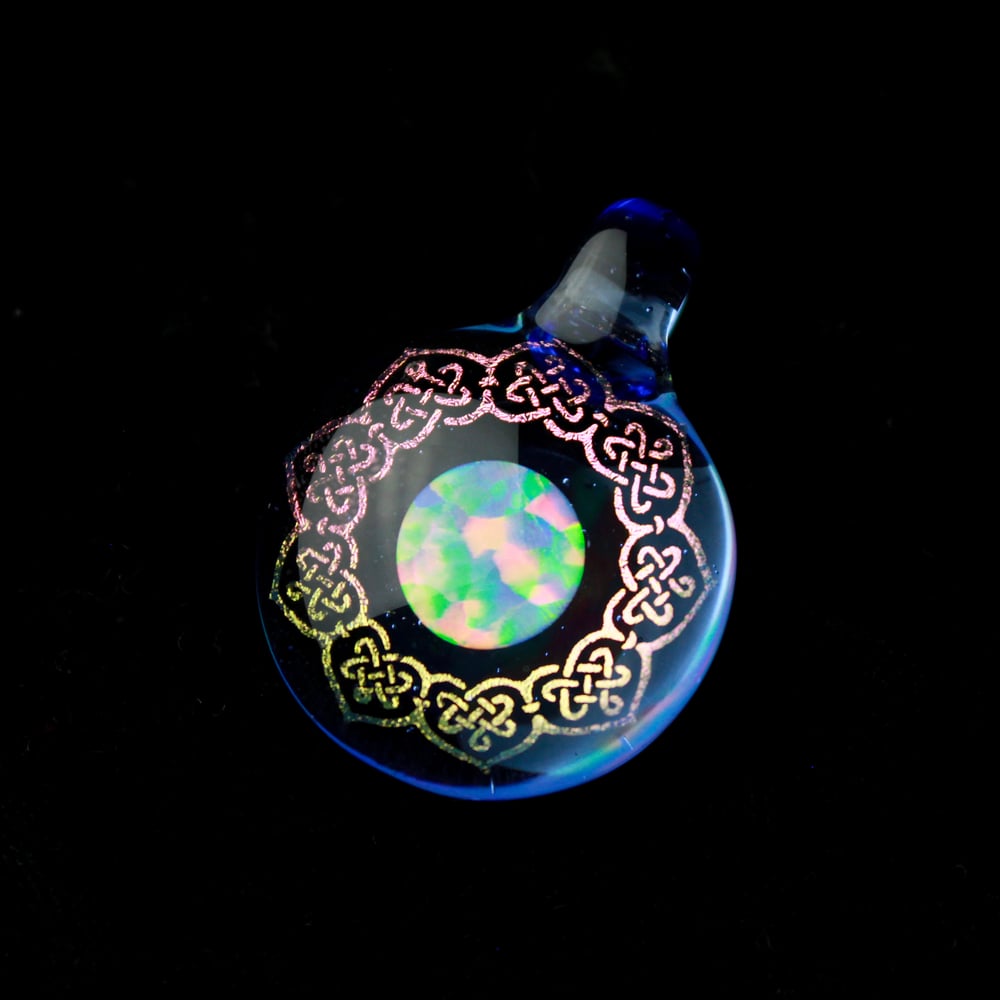 Image of Blue Dream Eternal Knot Pendant featuring a 10mm Opal Coin