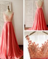 Beautiful Pink Handmade Long Prom Gown with Lace Applique, Pink Prom Gowns