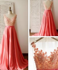 Image 1 of Beautiful Pink Handmade Long Prom Gown with Lace Applique, Pink Prom Gowns