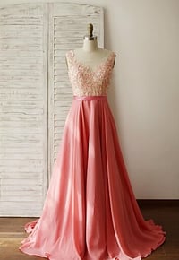 Image 2 of Beautiful Pink Handmade Long Prom Gown with Lace Applique, Pink Prom Gowns