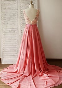 Image 3 of Beautiful Pink Handmade Long Prom Gown with Lace Applique, Pink Prom Gowns