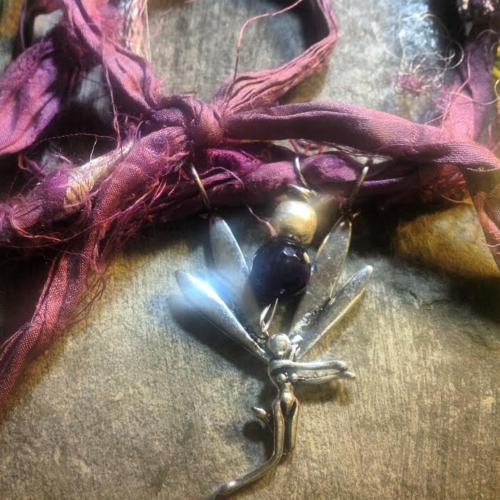 Image of Whimsical Fairy Raspberry Hand Dyed Silk with Amethyst and Silver Bead 