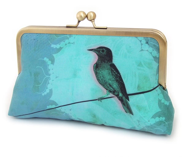 Image of Blue bird printed clutch bag + chain handle