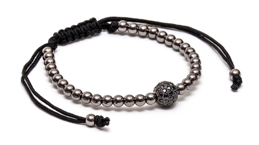 Image of ZENGER 18kt Black Rhodium Plated Zircon Discon Ball Macrame Bracelet