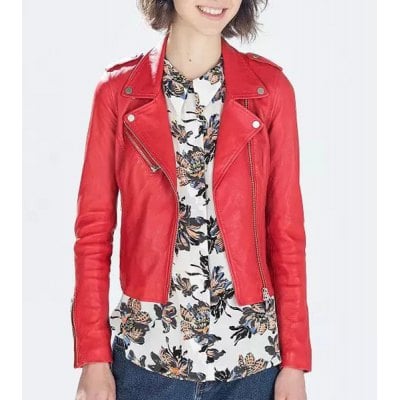 Image of Simple Style Red Faux Leather Zippered Jacket For Women  - RED