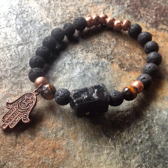 Image of  Protection and Grounding Raw Tourmaline, Volcanic Rock, Tiger Eye, Copper with Hamza Hand 