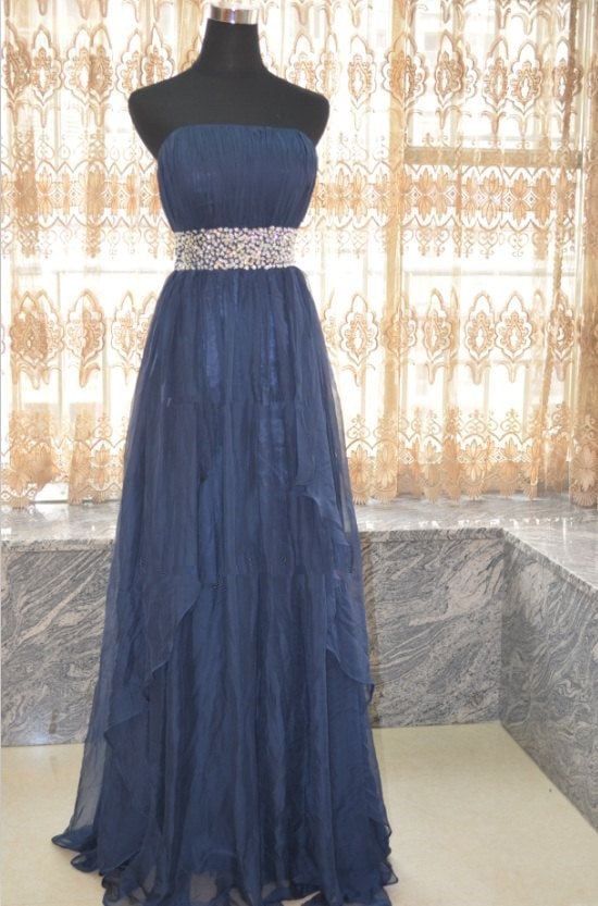 Charming Handmade Blue Long Prom Dresses with Beadings, Blue Prom Dresses, Evening Dresses