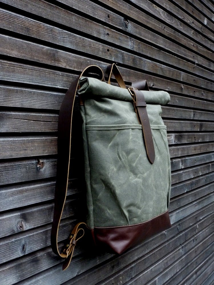 Image of Waxed canvas rucksack / backpack with roll up top and leather shoulder straps and bottom