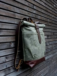 Image 2 of Waxed canvas rucksack / backpack with roll up top and leather shoulder straps and bottom