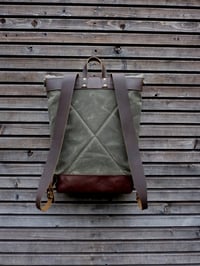 Image 3 of Waxed canvas rucksack / backpack with roll up top and leather shoulder straps and bottom