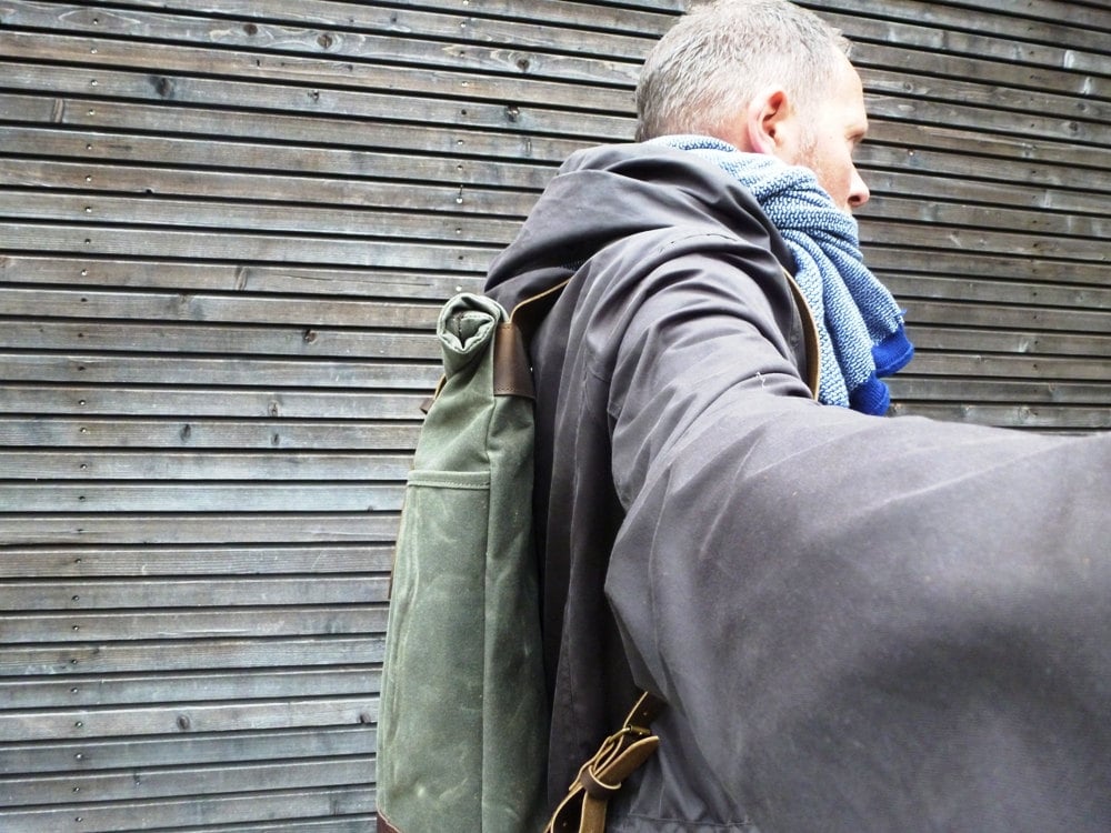 Image of Waxed canvas rucksack / backpack with roll up top and leather shoulder straps and bottom