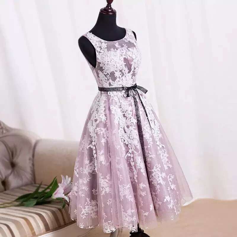 Beautiful Tea Length Tulle Prom Dress with Lace Applique, Prom Gowns, Formal Dresses