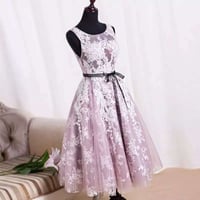 Image 1 of Beautiful Tea Length Tulle Prom Dress with Lace Applique, Prom Gowns, Formal Dresses