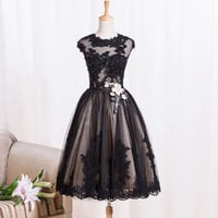 Image 1 of Cute Black Handmade Short Prom Dresses with Lace Applique, Black Formal Dresses, Party Dresses