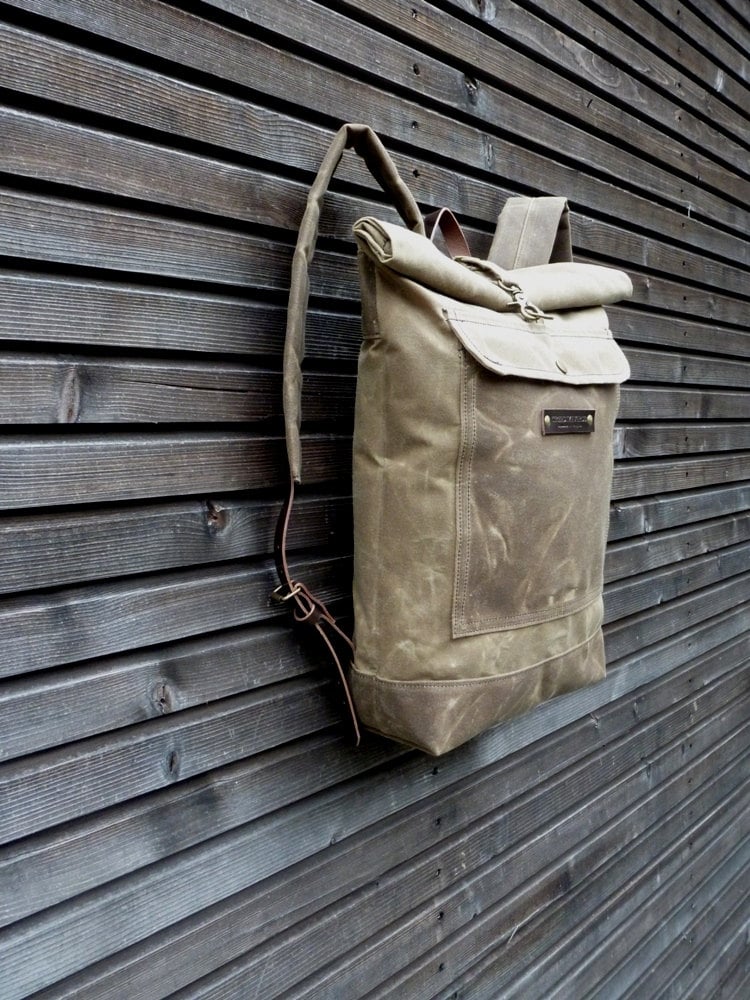 Waxed canvas rucksack / waterproof backpack with roll to close top ...