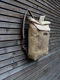 Image 2 of Waxed canvas rucksack / waterproof backpack with roll to close top 
