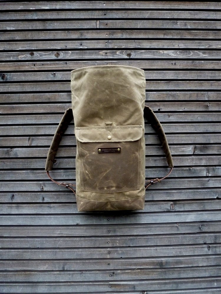 Image of Waxed canvas rucksack / waterproof backpack with roll to close top 
