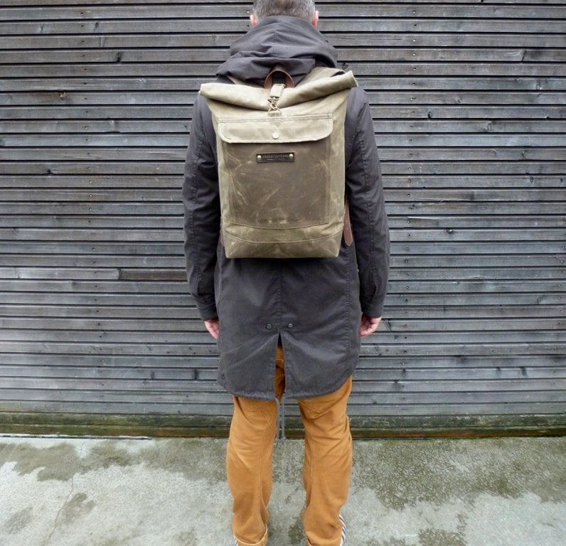 Image of Waxed canvas rucksack / waterproof backpack with roll to close top 
