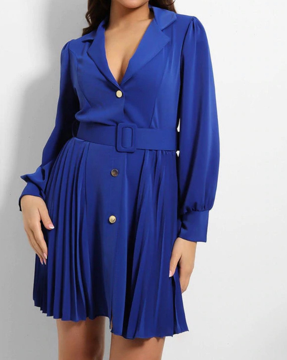 Image of Elegant royal blue button down pleated shirt dress 