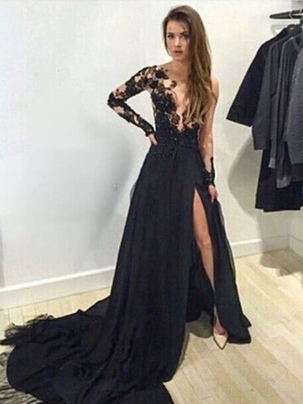 Custom Made Long Sleeves Black Lace Prom Dresses With Train, Black Lace