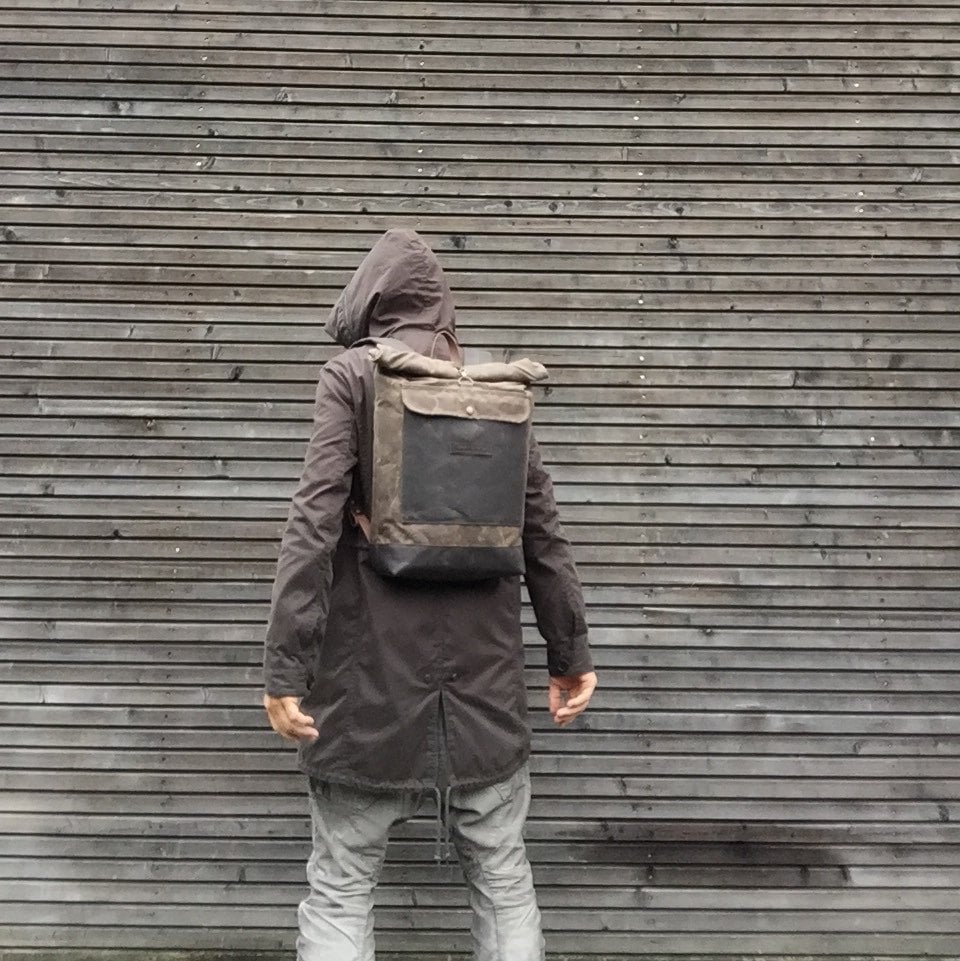 Image of Waxed canvas waterproof backpack with roll up top and double waxed bottem COLLECTION UNISEX