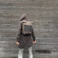 Image 1 of Waxed canvas waterproof backpack with roll up top and double waxed bottem COLLECTION UNISEX