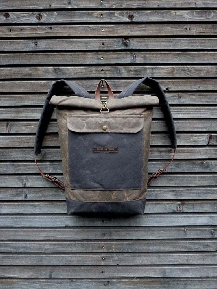 Image of Waxed canvas waterproof backpack with roll up top and double waxed bottem COLLECTION UNISEX