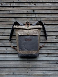 Image 2 of Waxed canvas waterproof backpack with roll up top and double waxed bottem COLLECTION UNISEX