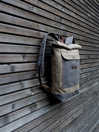 Image 3 of Waxed canvas waterproof backpack with roll up top and double waxed bottem COLLECTION UNISEX