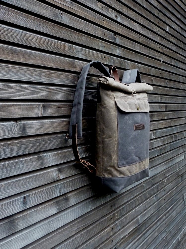 Image of Waxed canvas waterproof backpack with roll up top and double waxed bottem COLLECTION UNISEX