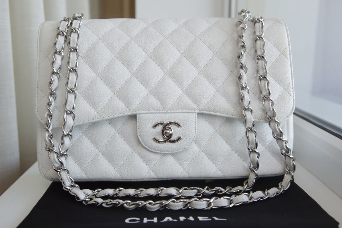 Chanel White Caviar Leather Jumbo Classic Double Flap Bag / Luxeshowroom