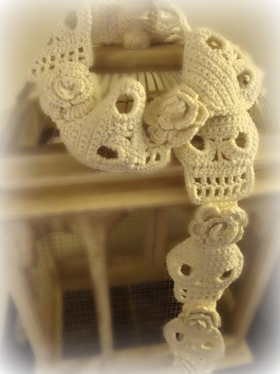 Image of PDF PATTERN Skull and Roses Crochet Scarf Pattern