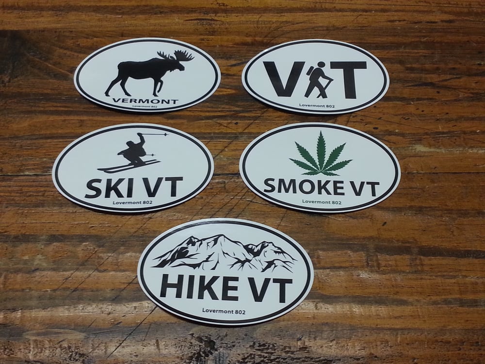 Image of Euro Round Stickers - Vermont Digital bumper decal - Moose - Hiking - Ski - Smoke - Hike