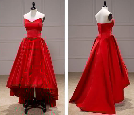 Charming Red Satin Sweetheart High Low Prom Dresses, Red Prom Dresses, Party Dresses