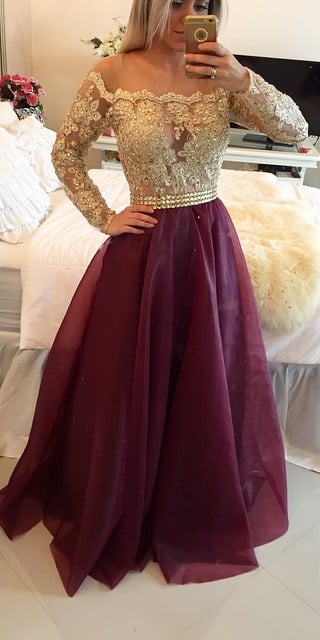 Image of Long Sleeves Maroon Prom Dress with Golden Top, Maroon And Golden Formal Dress