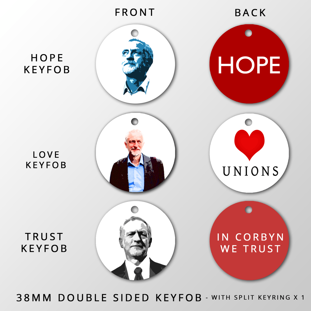 Image of Jeremy Corbyn Supporters Key Fobs - Hope / Love / Trust