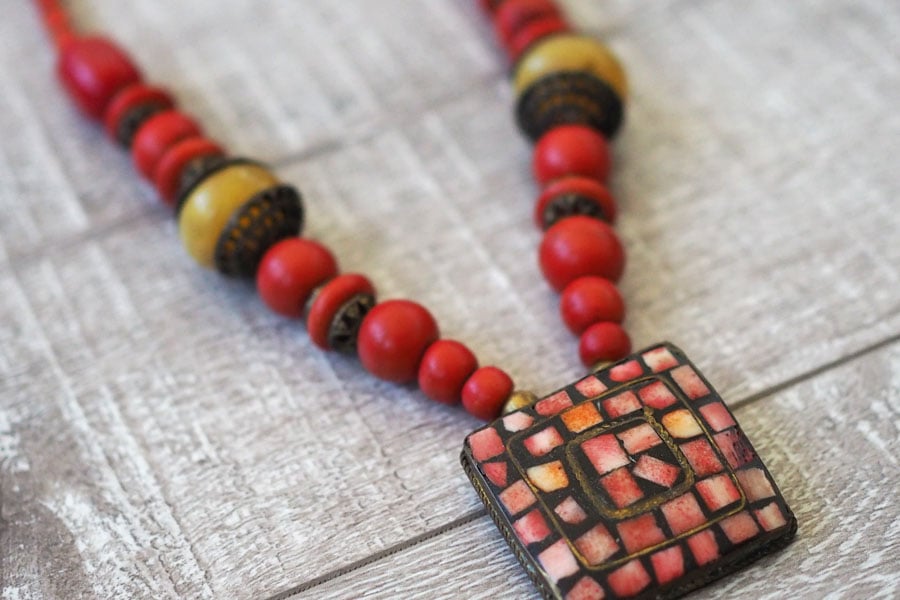 Image of Rusty Red Coral Pendant Boho Necklace