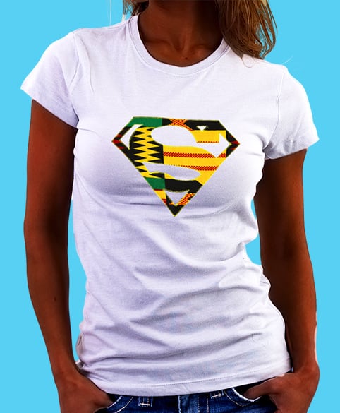 Image of Afro Superwoman Tee shirt with Kente hand crafted applique