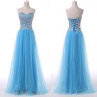 Image 1 of High Quality Handmade Blue Tulle Prom Dresses with Sequins, Blue Prom Gowns, Formal Gowns