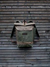 Image 1 of Waxed canvas backpack waterproof backpack with roll up top and double bottom
