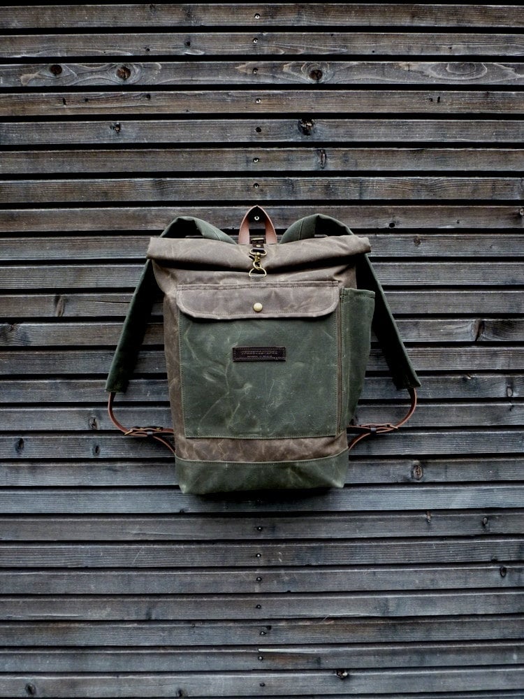 Image of Waxed canvas backpack waterproof backpack with roll up top and double bottom