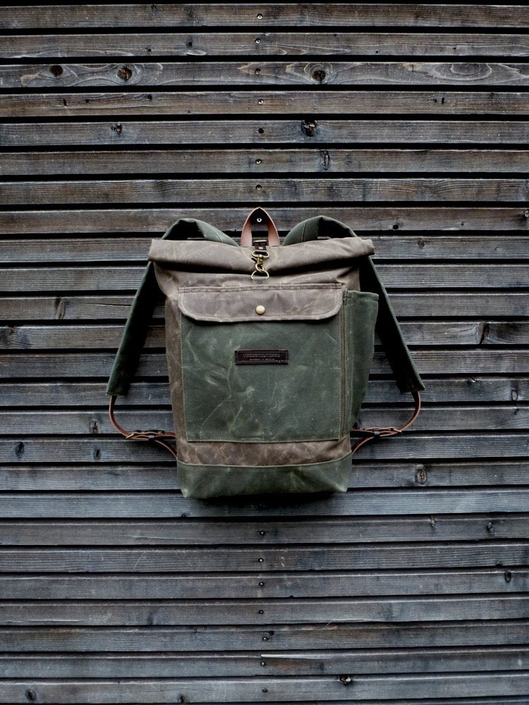 Waxed canvas backpack waterproof backpack with roll up top and double ...